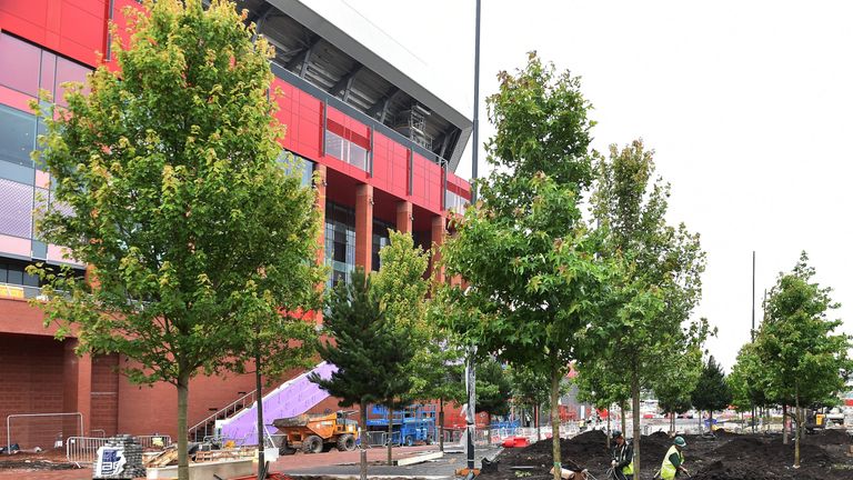 Trees are installed outside the new Main Stand at Anfield - source Liverpool FC