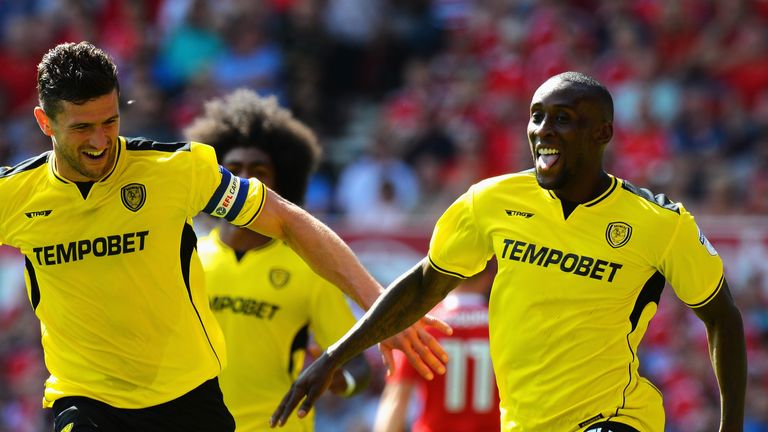 Lloyd Dyer (R) celebrates putting Burton 2-1 up against Nottingham Forest in the Sky Bet Championship 