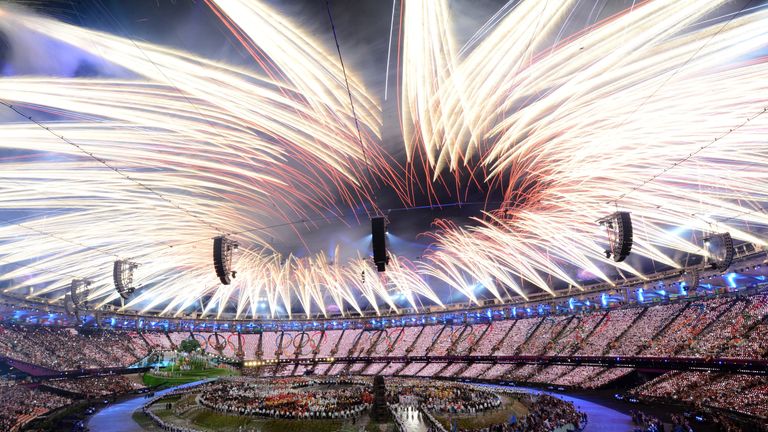 Fireworks burst above the stadium during the Opening Ceremony of the London 2012 Olympic Games