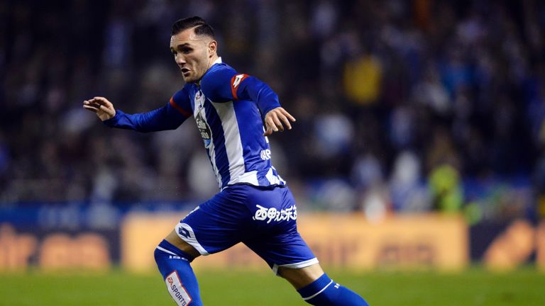 Deportivo La Coruna's midfielder Lucas Perez controls the ball during the Spanish league football match RC Deportivo de la Coruna vs Sevilla FC at the Muni