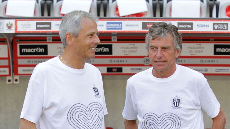 Nice's head coach Lucien Favre (L) and Rennes' coach Christian Gourcuff (R) joined the players in wearing the commemorative shirt