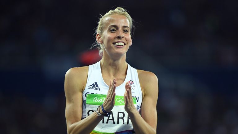 Britain's Lynsey Sharp applauds after competing in the Women's 800m Semifinal during the athletics event at the Rio 2016 Olympic Games at the Olympic Stadi