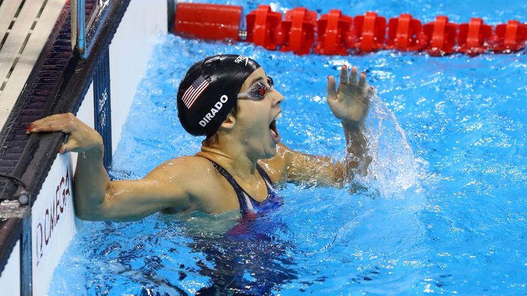 RIO DE JANEIRO, BRAZIL - AUGUST 12:  Madeline Dirado of the United States celebrates winning gold in the Women's 200m Backstroke Final on Day 7 of the Rio 