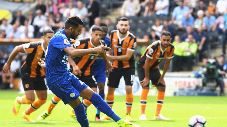 HULL, ENGLAND - AUGUST 13: Riyad Mahrez of Leicester City scores his sides first goal during the Premier League match between Hull City and Leicester City 