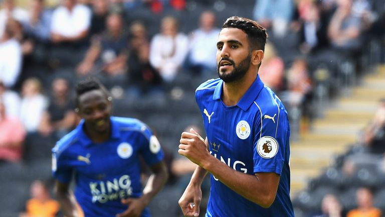 HULL, ENGLAND - AUGUST 13: Riyad Mahrez of Leicester City celebrates scoring his sides first goal during the Premier League match between Hull City and Lei