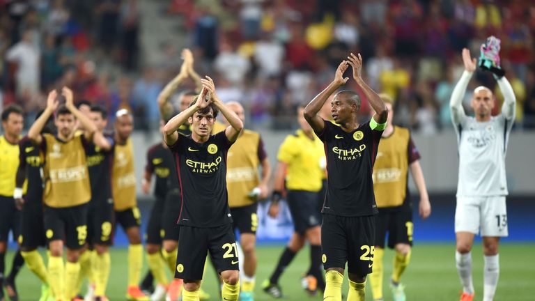 City players celebrate victory after defeating Steaua Bucharest