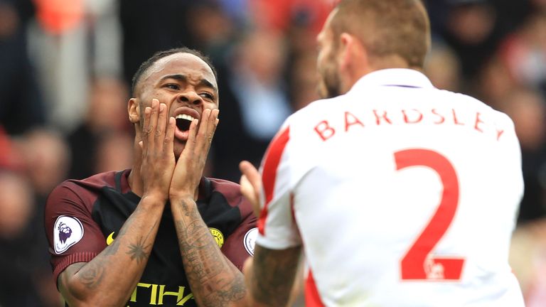 Raheem Sterling reacts during the game at Stoke City
