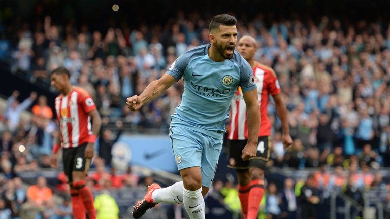 Manchester City striker Sergio Aguero celebrates 