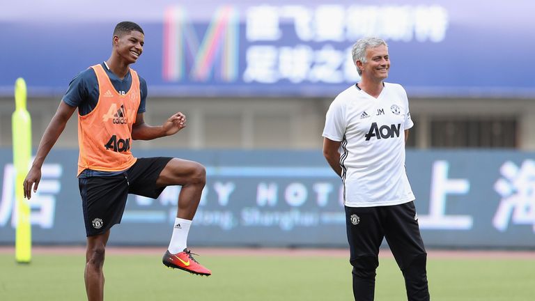 Marcus Rashford and Jose Mourinho of Manchester United 