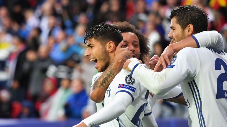 Marco Asensio of Real Madrid celebrates scoring the opening goal during the UEFA Super Cup match v Sevilla at Lerkendal Stadion in Trondheim, Norway