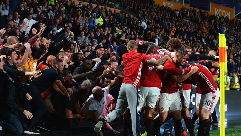 Marcus Rashford of Manchester United celebrates scoring his side's winning goal at Hull