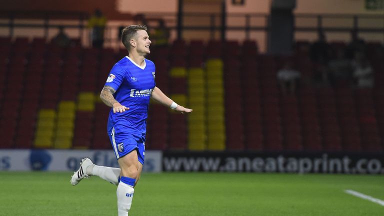 Gillingham's Mark Byrne celebrates scoring their first goal during the EFL Cup clash with Watford