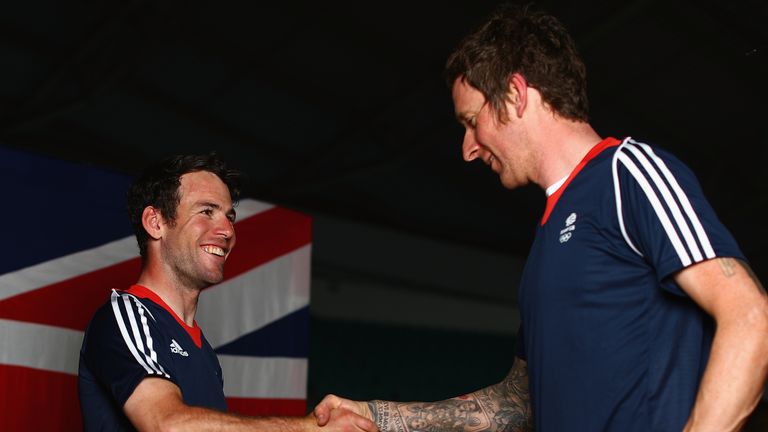 MANCHESTER, ENGLAND - JUNE 24:  Mark Cavendish of Team GB chats to Bradley Wiggins at a press conference announcing the Team GB track cyclists selected to 