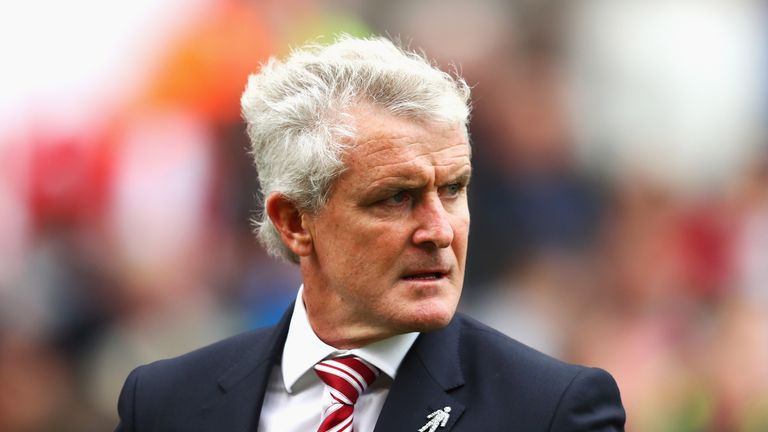 STOKE ON TRENT, ENGLAND - AUGUST 20: Mark Hughes, Manager of Stoke City during the Premier League match between Stoke City and Manchester City at Bet365 St