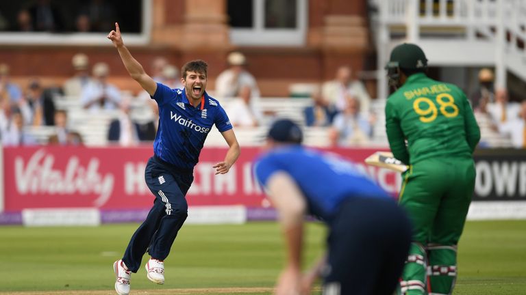 Mark Wood of England celebrates dismissing Sharjeel Khan of Pakistan during the 2nd One Day International match at Lord's