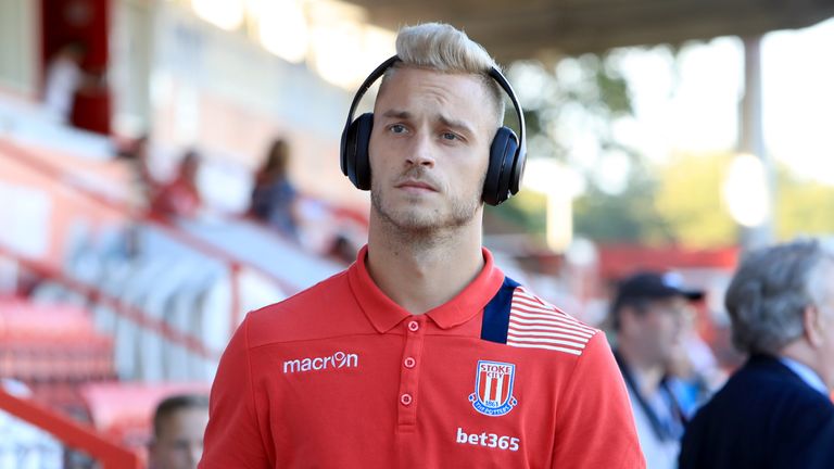 Stoke City's Marko Arnautovic arrives at the Lamex Stadium during the EFL Cup, Second Round match at the Lamex Stadium, Stevenage.