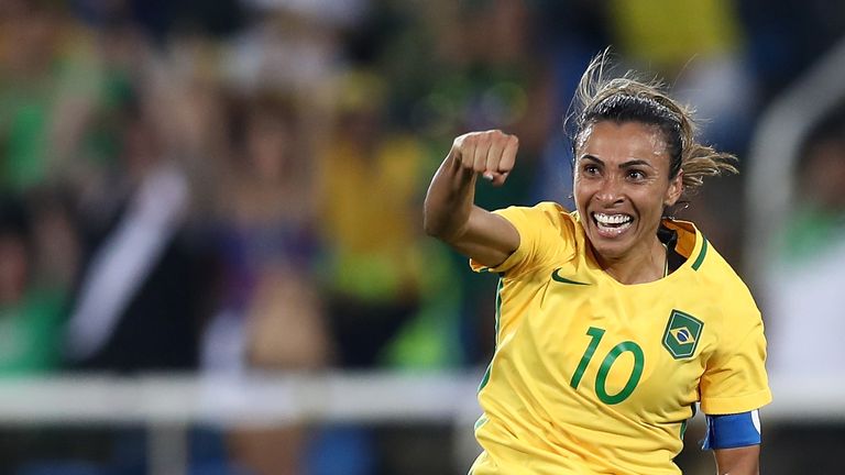RIO DE JANEIRO, BRAZIL - AUGUST 06:  Marta of Brazil celebrates after scoring Brazil's fourth goal during the Women's Group E first round match between Bra