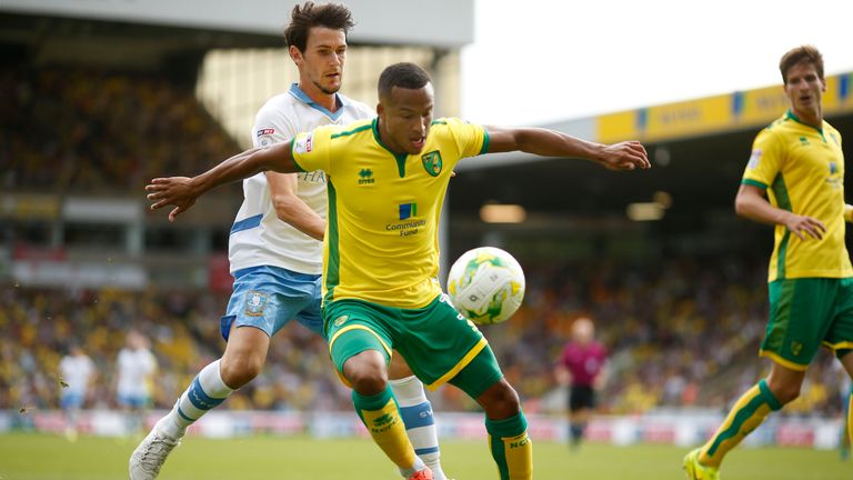 Norwich's Martin Olsson and Sheffield Wednesday's Kieran Lee during the SkyBet Championship match at Carrow Road, Norwich