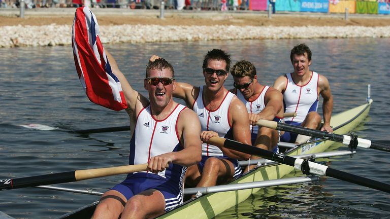Matthew Pinsent (front) celebrates after winning his fourth rowing gold at Athens 2004
