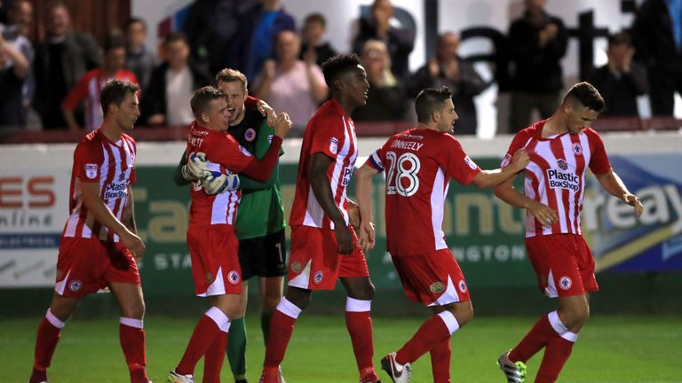 Accrington Stanley's Matty Pearson (right) celebrates 