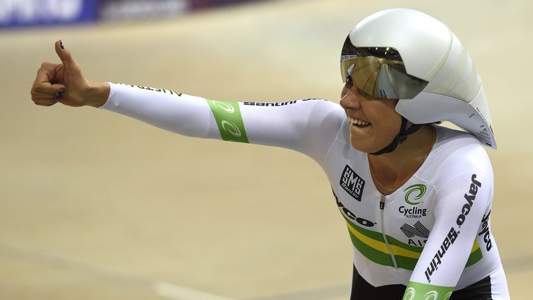 Australia's Melissa Hoskins celebrates after winning the Women's Team Pursuit Finals at the UCI Track Cycling World Championships in Saint-Quentin-en-Yveli