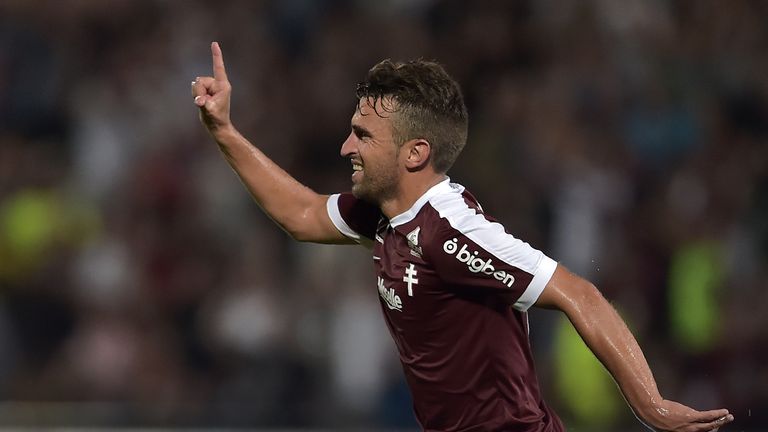 Metz's French midfielder Yann Jouffre celebrates after scoring a goal during the French L1 football match Metz (FCM) versus Lille (LOSC) at the Saint Symph