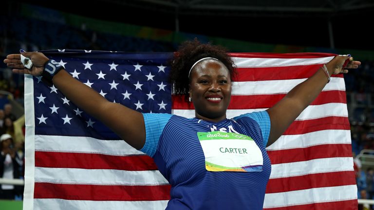 Michelle Carter of the United States celebrates placing first in the Women's Shot Put Final on Day 7 of the Rio 2016 Olympics