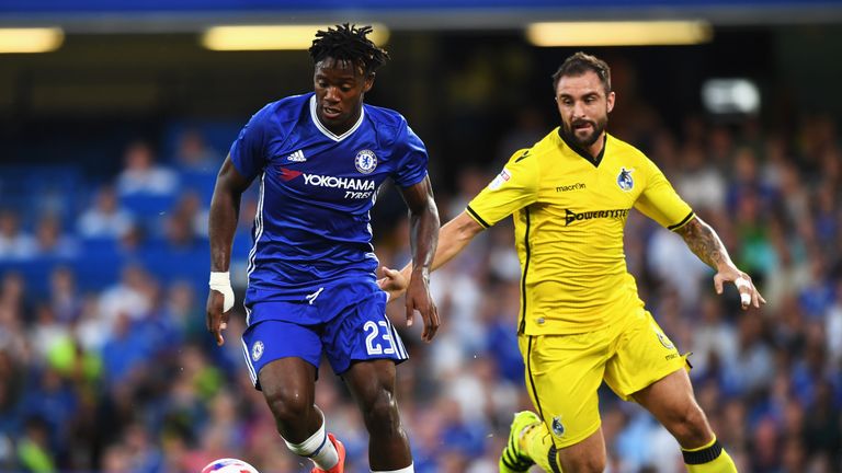 Michy Batshuayi of Chelsea is closed down by Peter Hartley of Bristol Rovers 