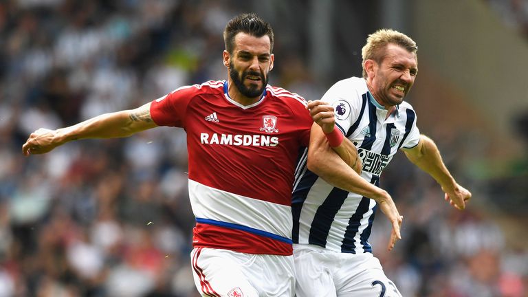 Darren Fletcher and Alvaro Negredo challenge for the ball during West Brom's Premier League match against Middlesbrough.