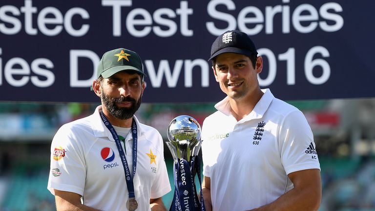 Misbah-ul-Haq and Alastair Cook share the trophy after their 2-2 draw