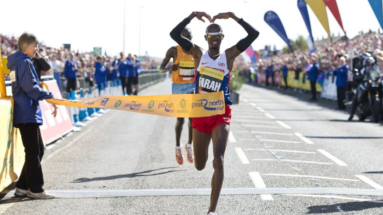British athlete Mo Farah does his 'mobot' celebration as he wins the men's elite race in the 2015 Great North Run 