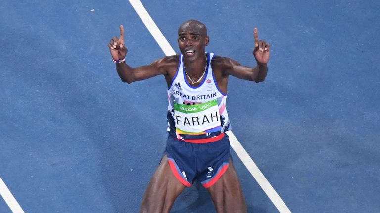 Britain's Mo Farah  celebrates winning the Men's 10,000m during the athletics event at the Rio 2016 Olympic Games at the Olympic Stadium in Rio de Janeiro 