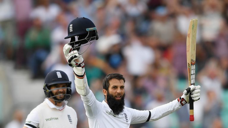 LONDON, ENGLAND - AUGUST 11:  Moeen Ali of England celebrates reaching his century during day one of the 4th Investec Test between England and Pakistan at 