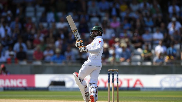 BIRMINGHAM, ENGLAND - AUGUST 07: Pakistan batsman Mohammad Hafeez hooks a short ball from Stuart Broad only to be caught Chris Woakes during day 5 of the 3