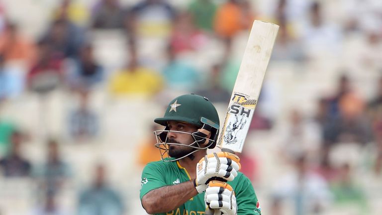 Pakistan's Mohammad Hafeez plays a shot during a practice match between Pakistan and Sri Lanka at the Eden Gardens stadium during the World T20 cricket tou