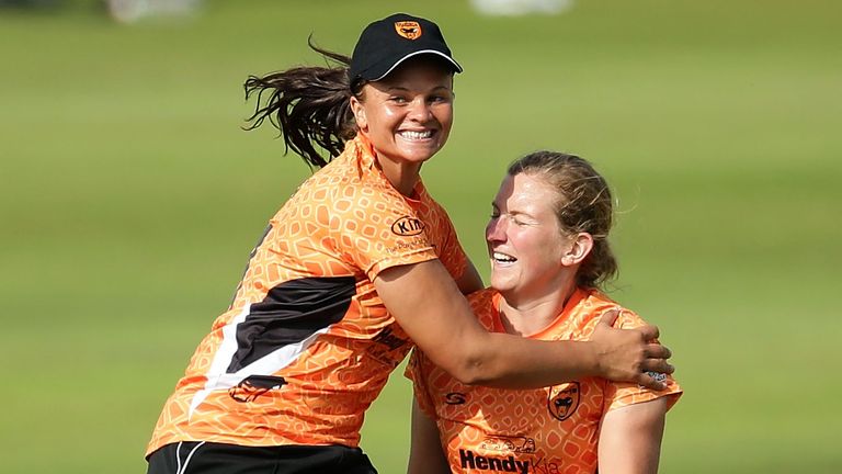 BLACKPOOL, ENGLAND - AUGUST 05: Suzie Bates (L) and Morna Nielsen of Southern celebrate the dismissal of Deandra Dottin of Lancashire during the Kia Super 