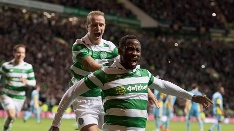 Celtic's Moussa Dembele celebrates with Leigh Griffiths having put his side 2-1 ahead from the penalty spot