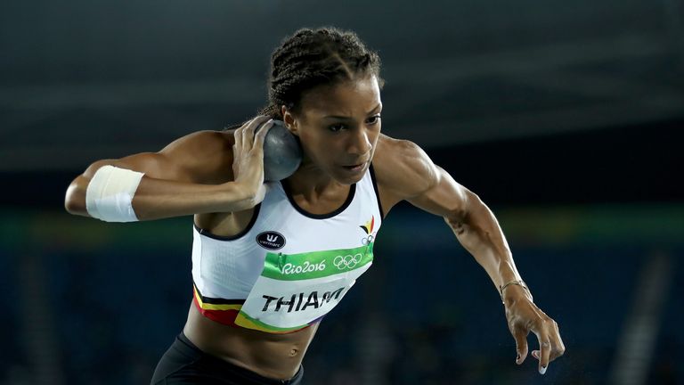 RIO DE JANEIRO, BRAZIL - AUGUST 12:  Nafissatou Thiam of Belgium competes in the Women's Heptathlon Shot Put on Day 7 of the Rio 2016 Olympic Games at the 