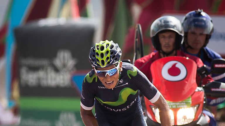 Nairo Quintana crosses the finish line during the 8th stage of the 71st edition of the Vuelta a Espana