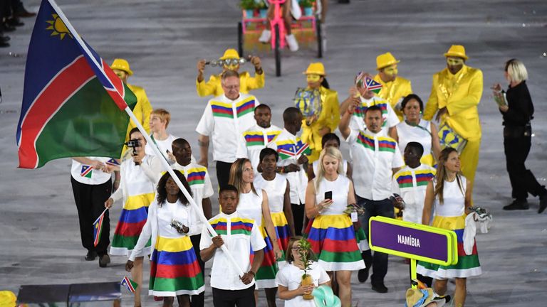 Namibia's flagbearer Jonas Junias Jonas leads his delegation during the opening ceremony of the Rio 2016 Olympic Games at the Maracana stadium in Rio de Ja