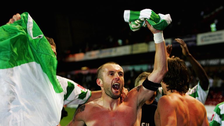 Nathan Jones of Yeovil celebrates his team's victory during the Coca-Cola League One Playoff Semi Final 2nd Leg match in 2007