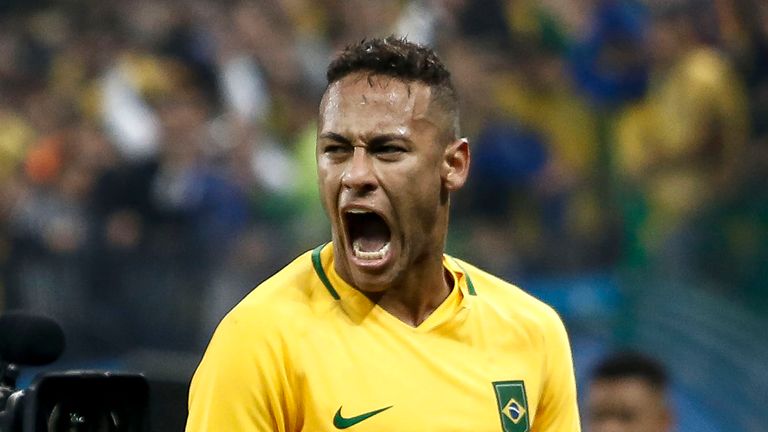 Neymar celebrates at full-time in the game against Colombia