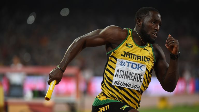 Jamaica's Nickel Ashmeade runs his leg of the final of the men's 4x100 metres relay athletics event at the 2015 IAAF World Championships at the "Bird's Nes