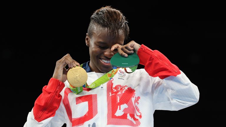 Nicola Adams sheds a tear on the podium after receiving her gold medal in Rio
