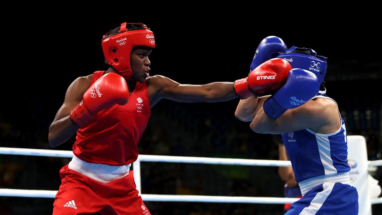 RIO DE JANEIRO, BRAZIL - AUGUST 20:  Nicola Adams of Great Britain lands a blow during the Women's Fly (48-51kg) Final Bout against Sarah Ourahmoune of Fra