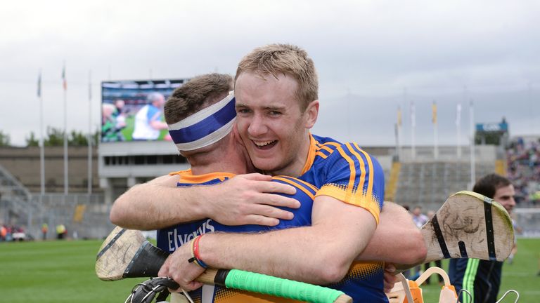 Noel McGrath, behind, and Pádraic Maher of Tipperary celebrate after the final whistle