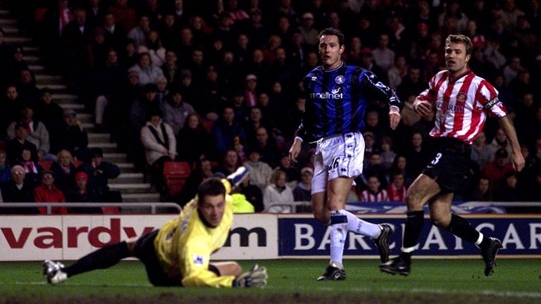 29 Jan 2002:   Noel Whelan beats Thomas Sorensen to score during the match between Sunderland and Middlesbrough in the Premier League 