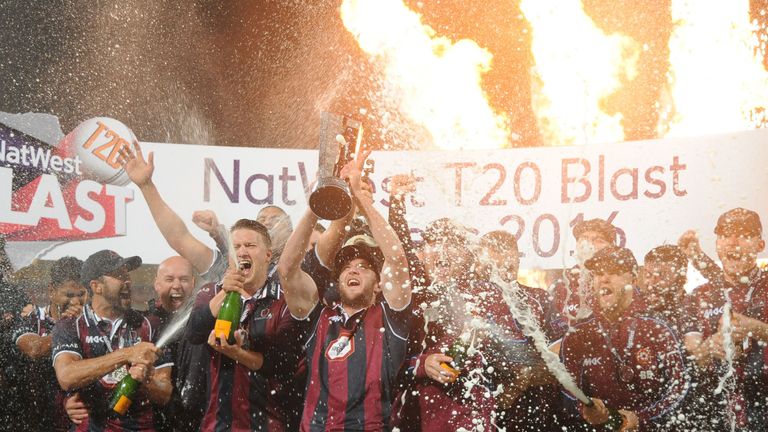 Northamptonshire Steelbacks players celebrate with the trophy after winning the T20 Final