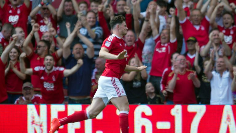 Nottingham Forest's Oliver Burke celebrates scoring his side's third goal of the game during the Sky Bet Championship match at the City Ground, Nottingham.