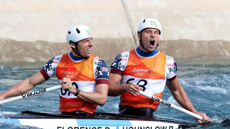 Great Britain's David Florence (front) and Richard Hounslow react after their run in the Canoe Slalom C2 Double Men's final at the Whitewater Stadium on th